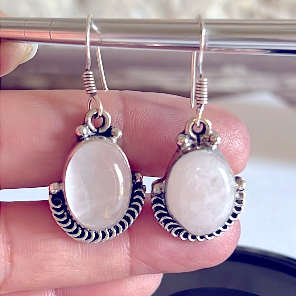 925 Sterling Silver Natural Rose Quartz Stone  Oval Dangle Earrings